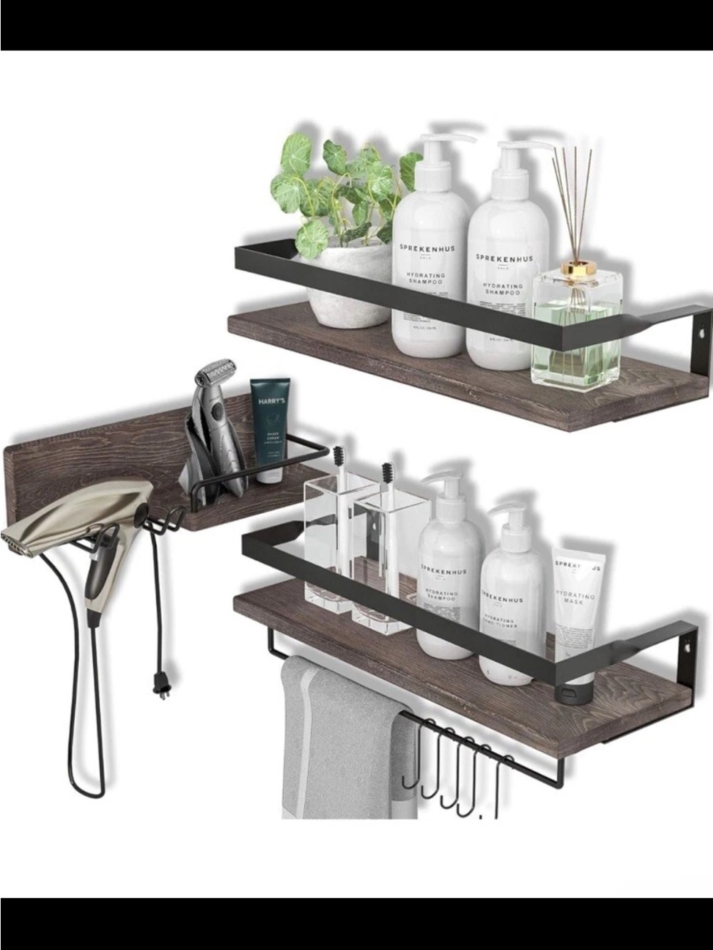 3 in 1 Rustic Floating Shelves, Decorative Storage Shelves Set of 3 lighBrown